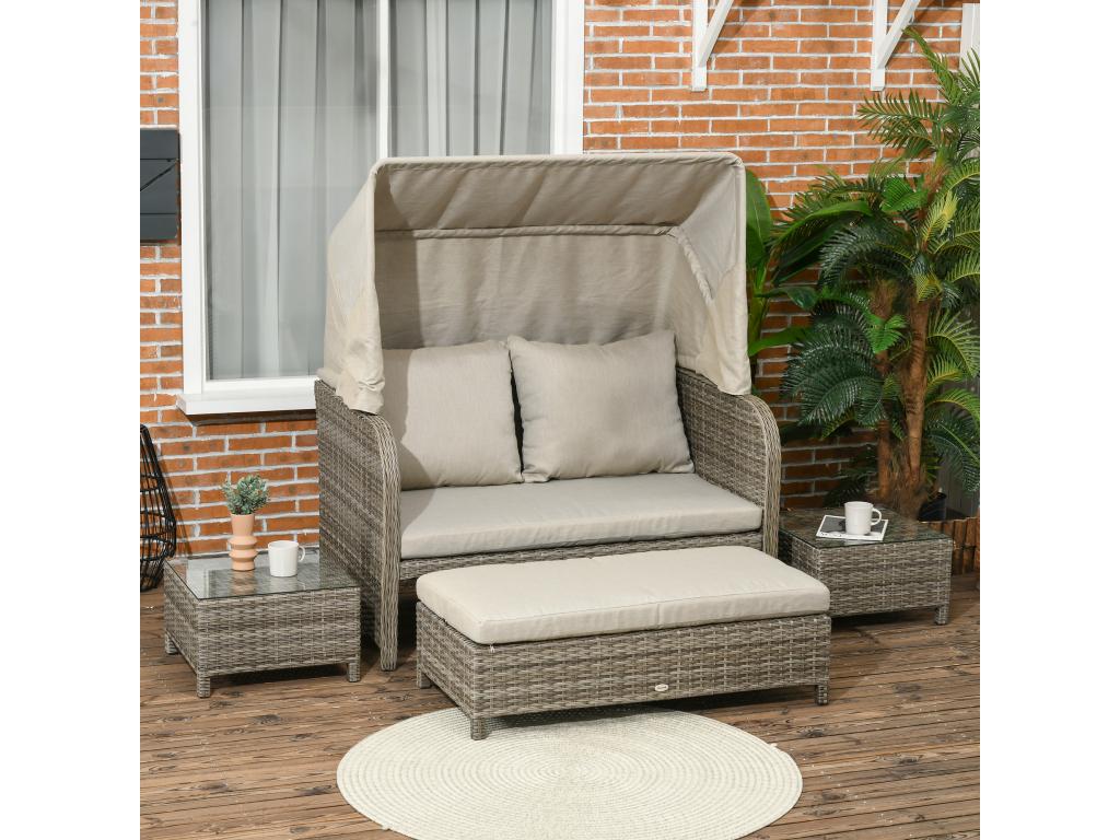 2-seater 4-piece garden furniture set - sofa, footstool, 2 coffee tables - cushions included - grey polyester resin khaki GCLC02577