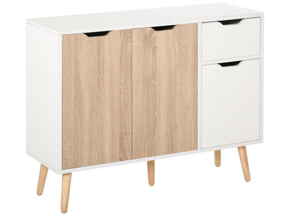 Scandinavian design sideboard with 2 cupboards, sliding drawer, solid pine wood legs, white and light oak particleboard panels QQRH06263