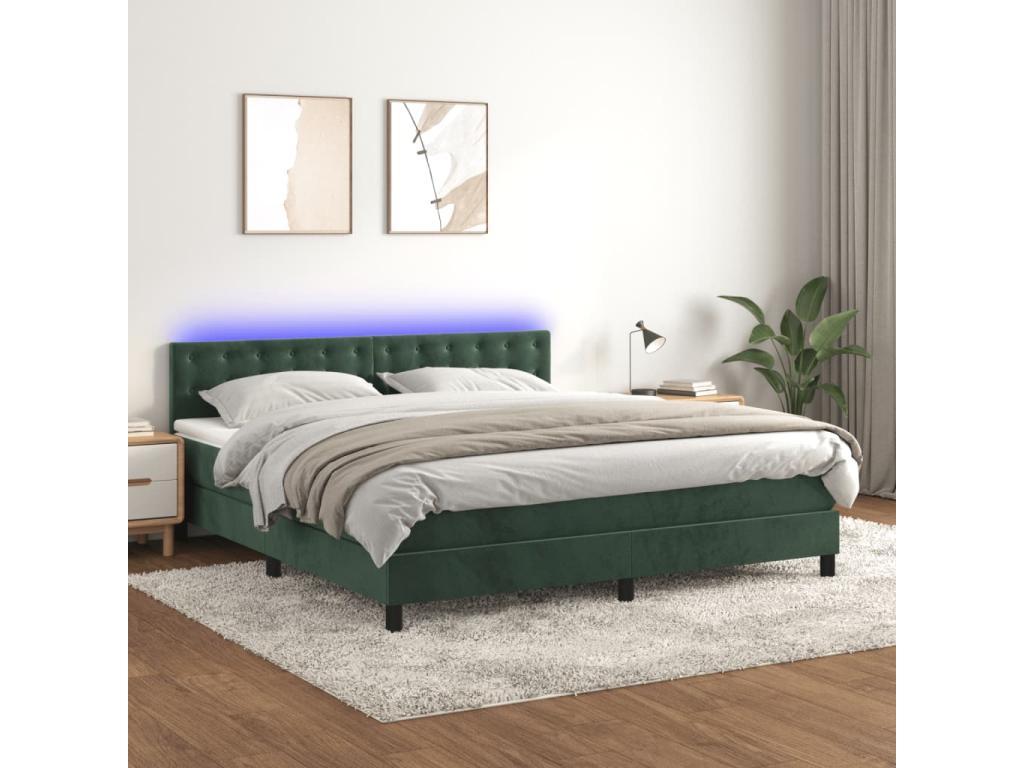 Upholstered bed base with mattress and LED lighting, Dark Green, 160x200 cm, Velvet, GNGO89627