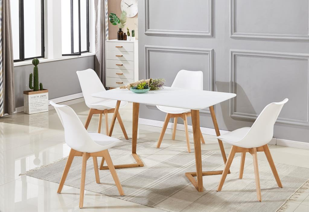 Ventoriq - White Dining Table Set with 4 White Scandinavian Chairs - Modern Style FWPW19210