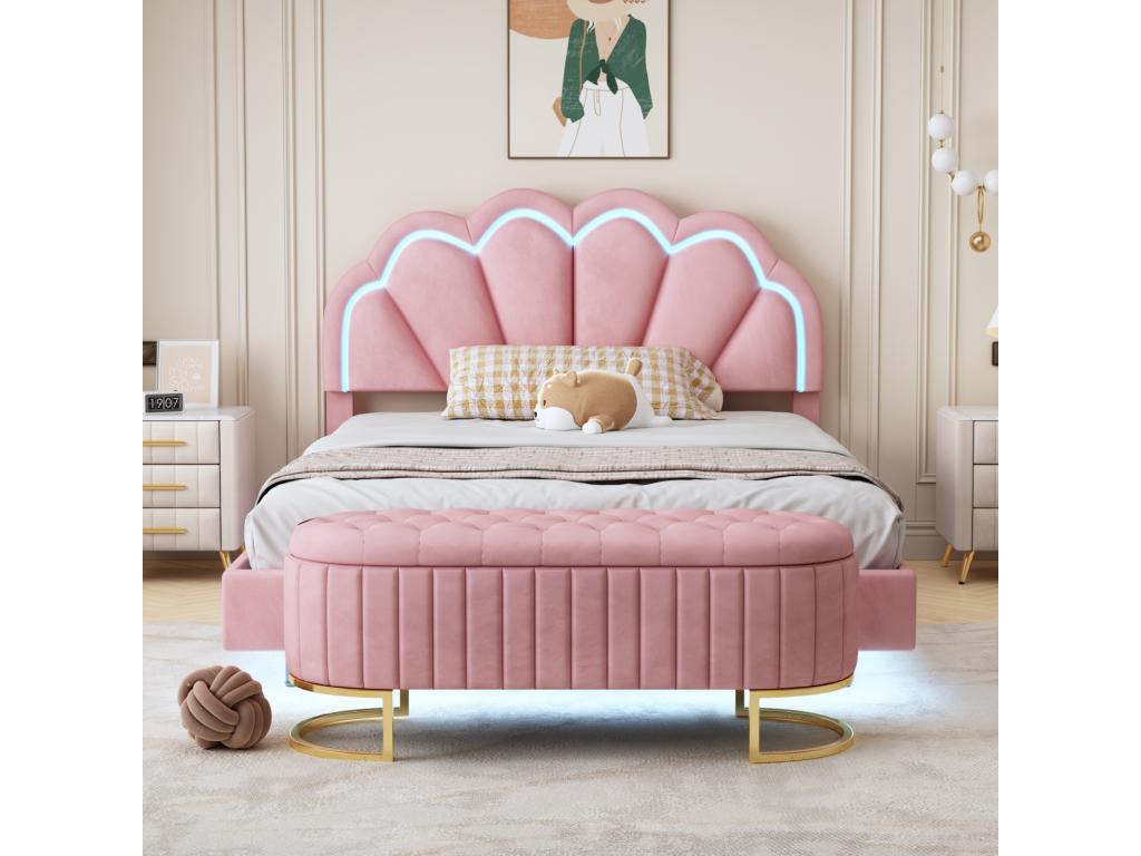 Upholstered bed 140x200 cm with fold-down bench seat - LEDs - Velvet - Pink NRDW10109