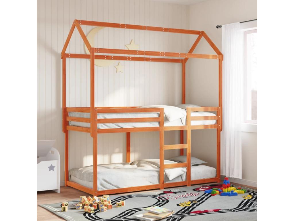 Bunk bed with brown wax roof 75x190cm solid pine wood PIKM07638